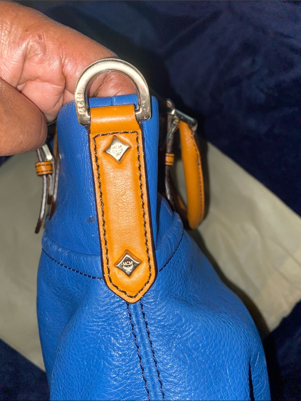 MCM Visetos Logogramme Blue Leather Satchel with Tan Handles and Gold Hardware - Picture 6 of 14